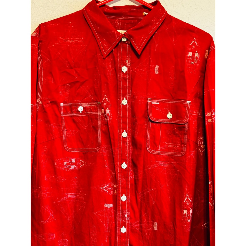 Lauren Ralph Lauren Red Nautical Blueprint Sailboat Button Down Shirt 2X LRL - Picture 2 of 8